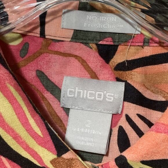 Chicos Top Women Large 2 Floral 100% Linen Button 3/4 Sleeve Collared Beachy - Picture 3 of 9